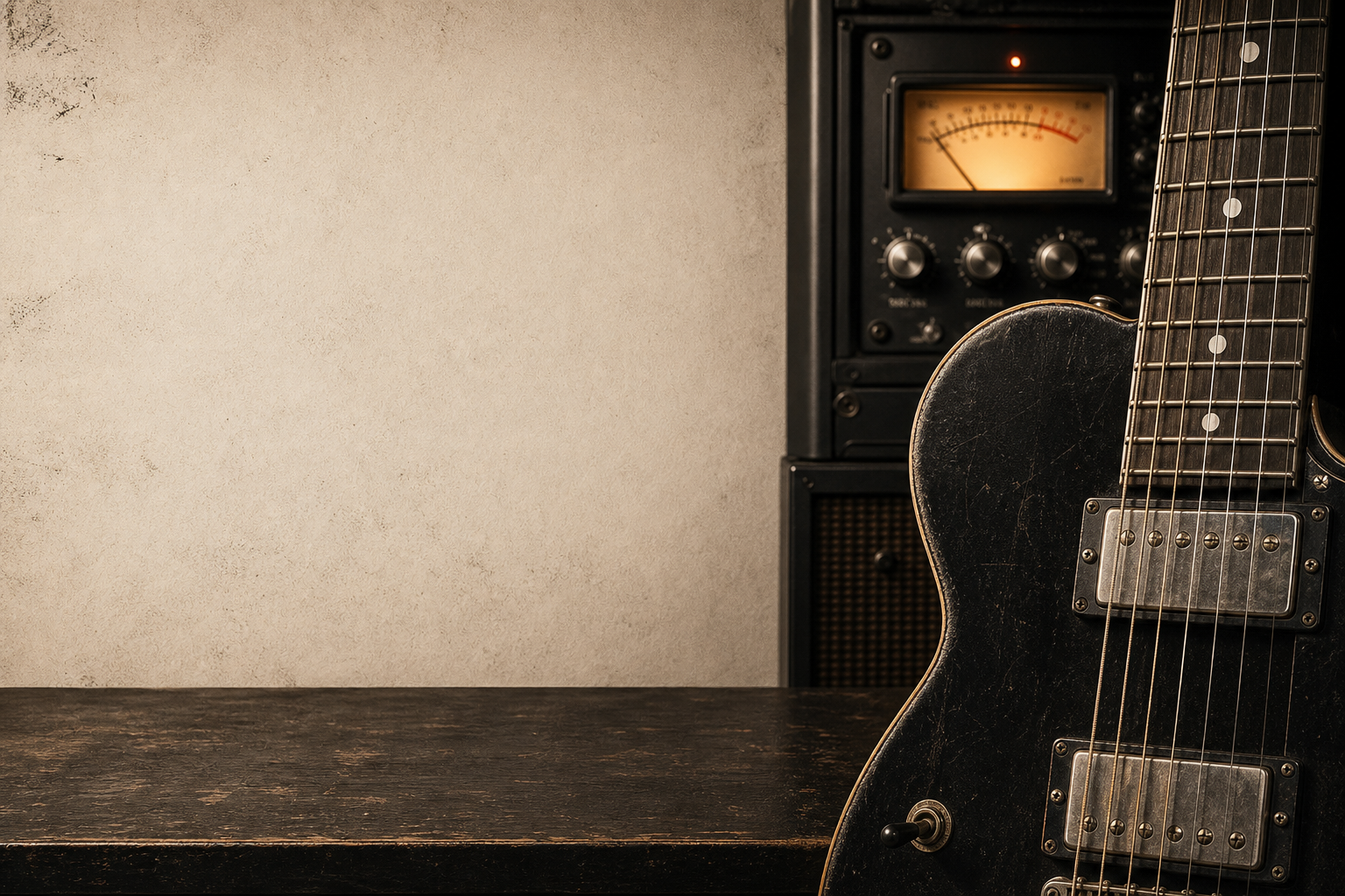 A worn black electric guitar beside vintage studio equipment